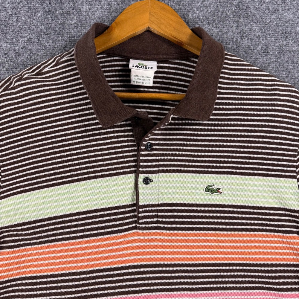 Vintage Lacoste Striped Polo Shirt Mens 8 XL Brown Multicolor Pique Short Sleeve